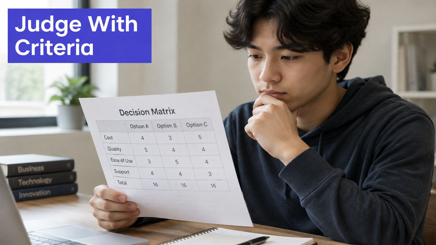 A young man sitting at a desk thoughtfully reviewing a paper decision matrix with various scoring options.