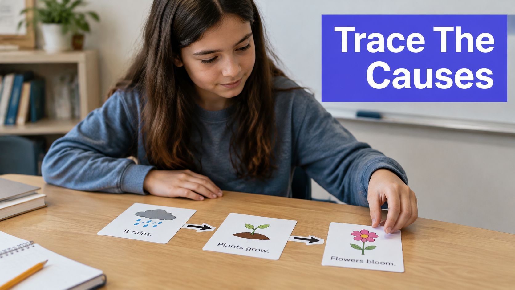 A student arranging sequence cards showing the process of rain leading to plant growth and blooming flowers.
