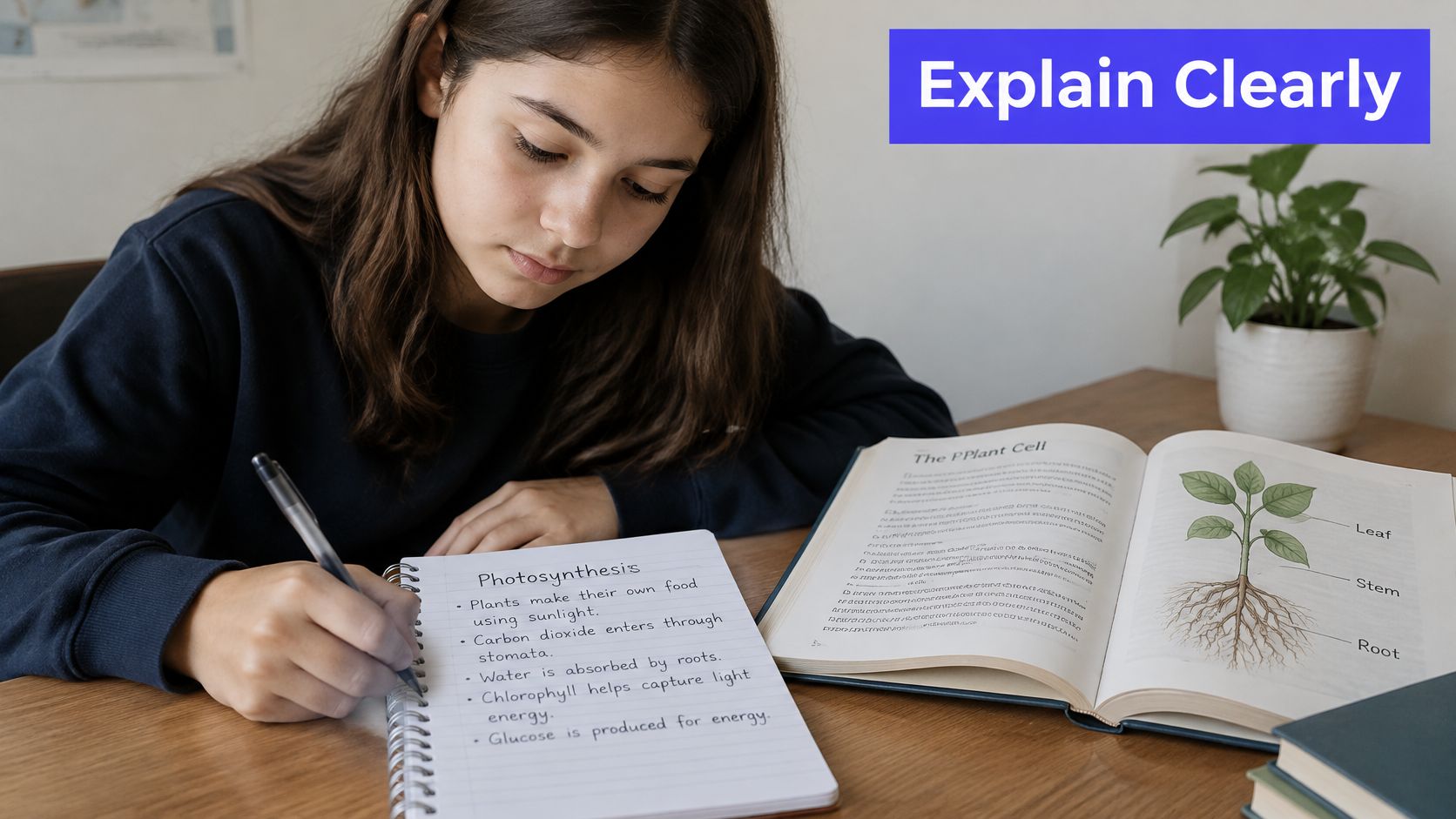 A young girl studying at a wooden desk, writing notes about photosynthesis in her notebook.