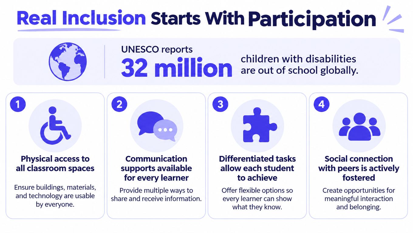 An infographic titled Real Inclusion Starts With Participation listing four steps to support students with disabilities.