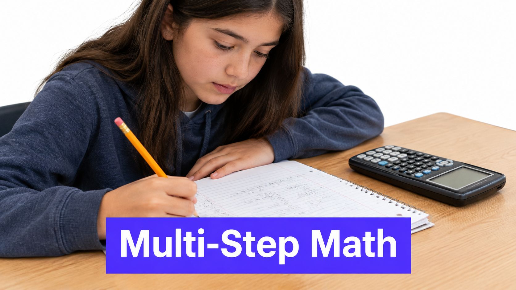 A young student sitting at a desk focused on writing in a notebook during math studies.