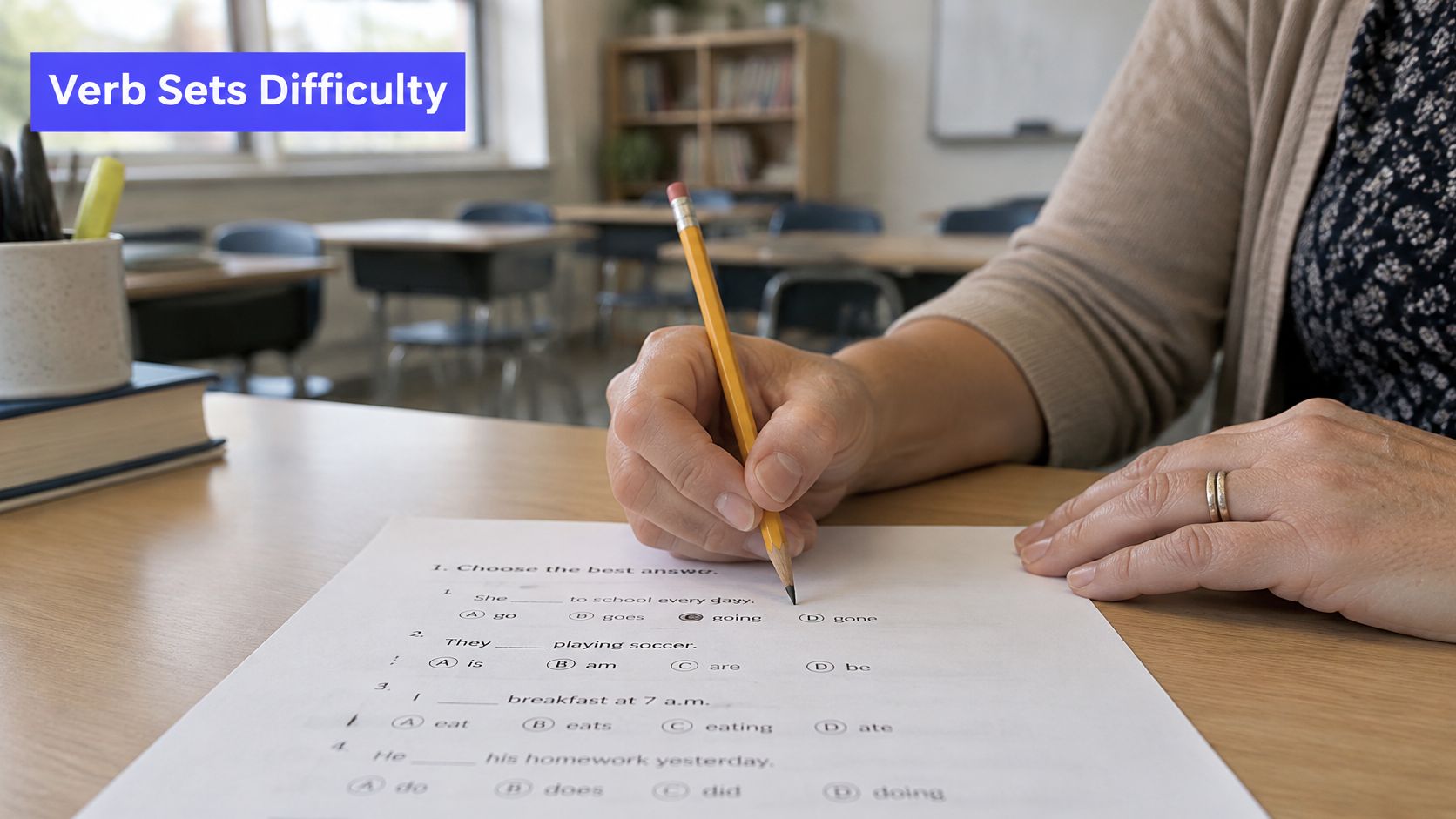A close-up view of a person writing answers on a multiple choice test in a classroom.
