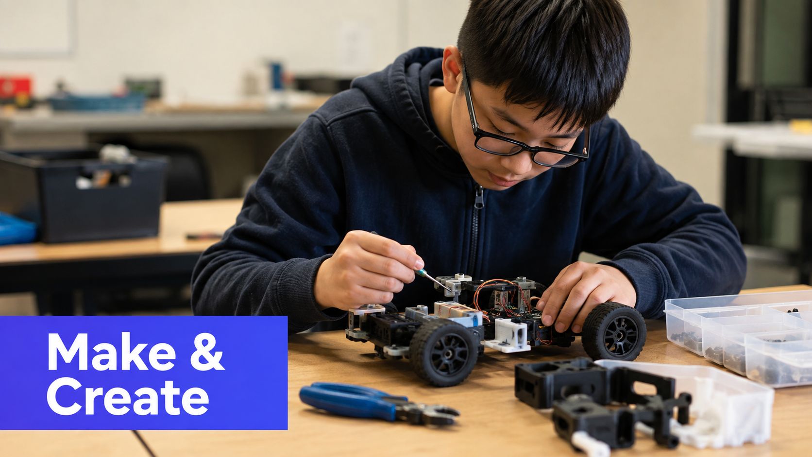 A young student wearing glasses focused on assembling and repairing a small robotic vehicle in a classroom.