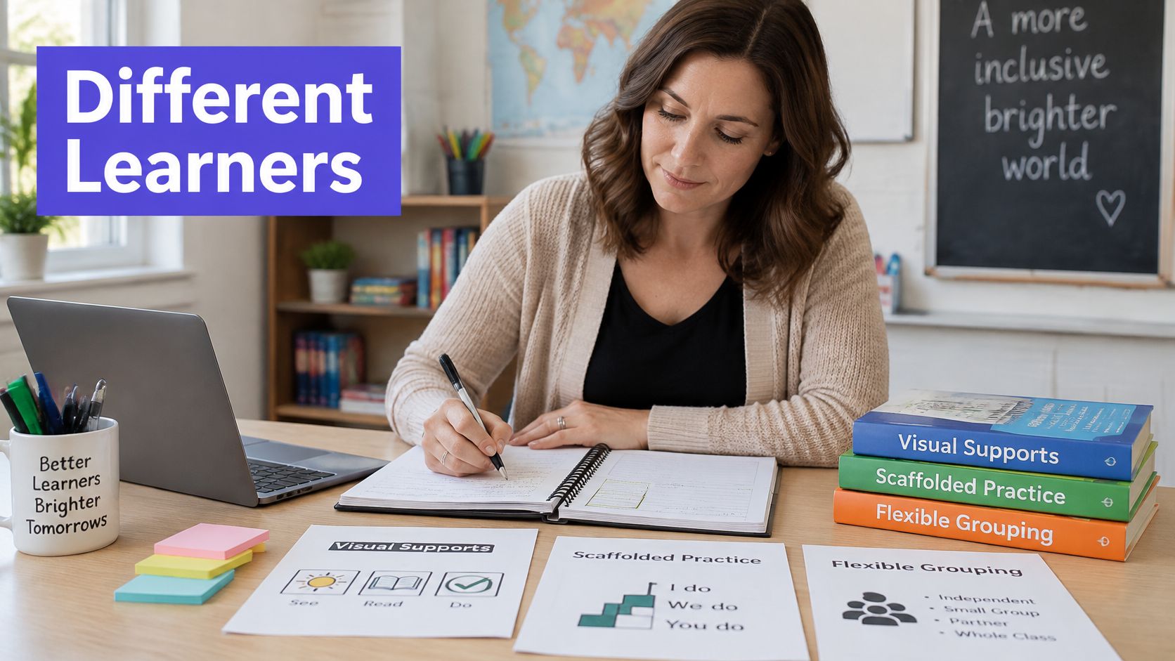 A teacher works on a lesson plan outline example, highlighting differentiated instructional strategies for diverse students.