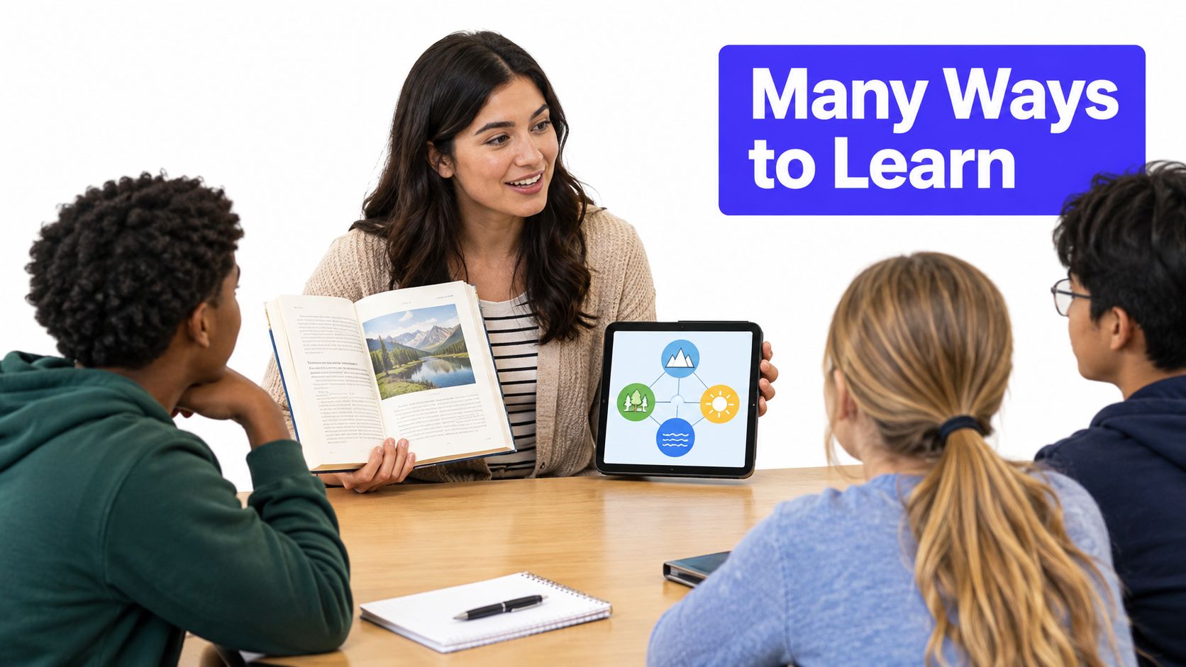 A teacher shows a book and a tablet with educational diagrams to three students at a desk.
