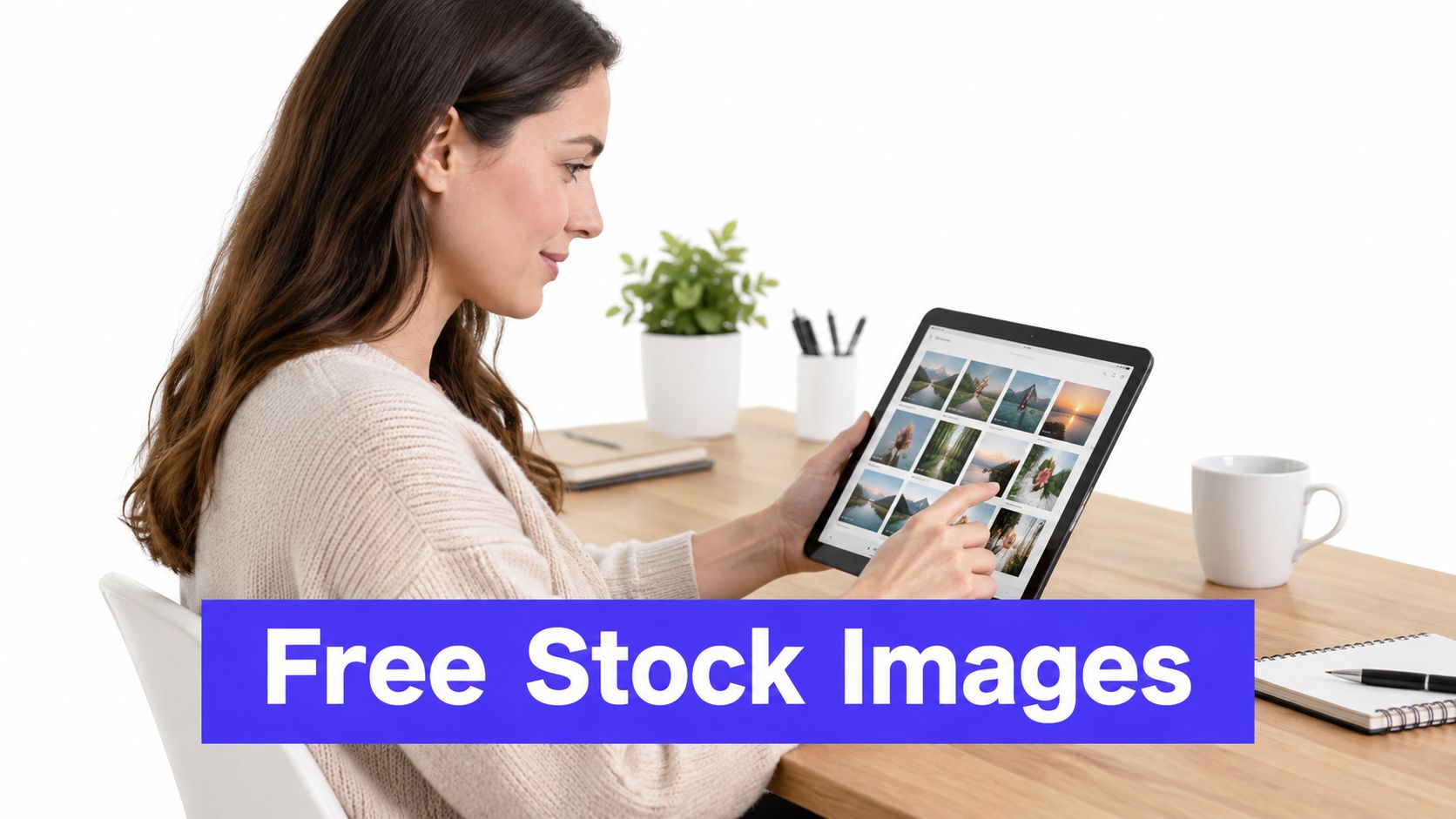 A young woman uses a tablet to browse free stock images at her desk in an office.