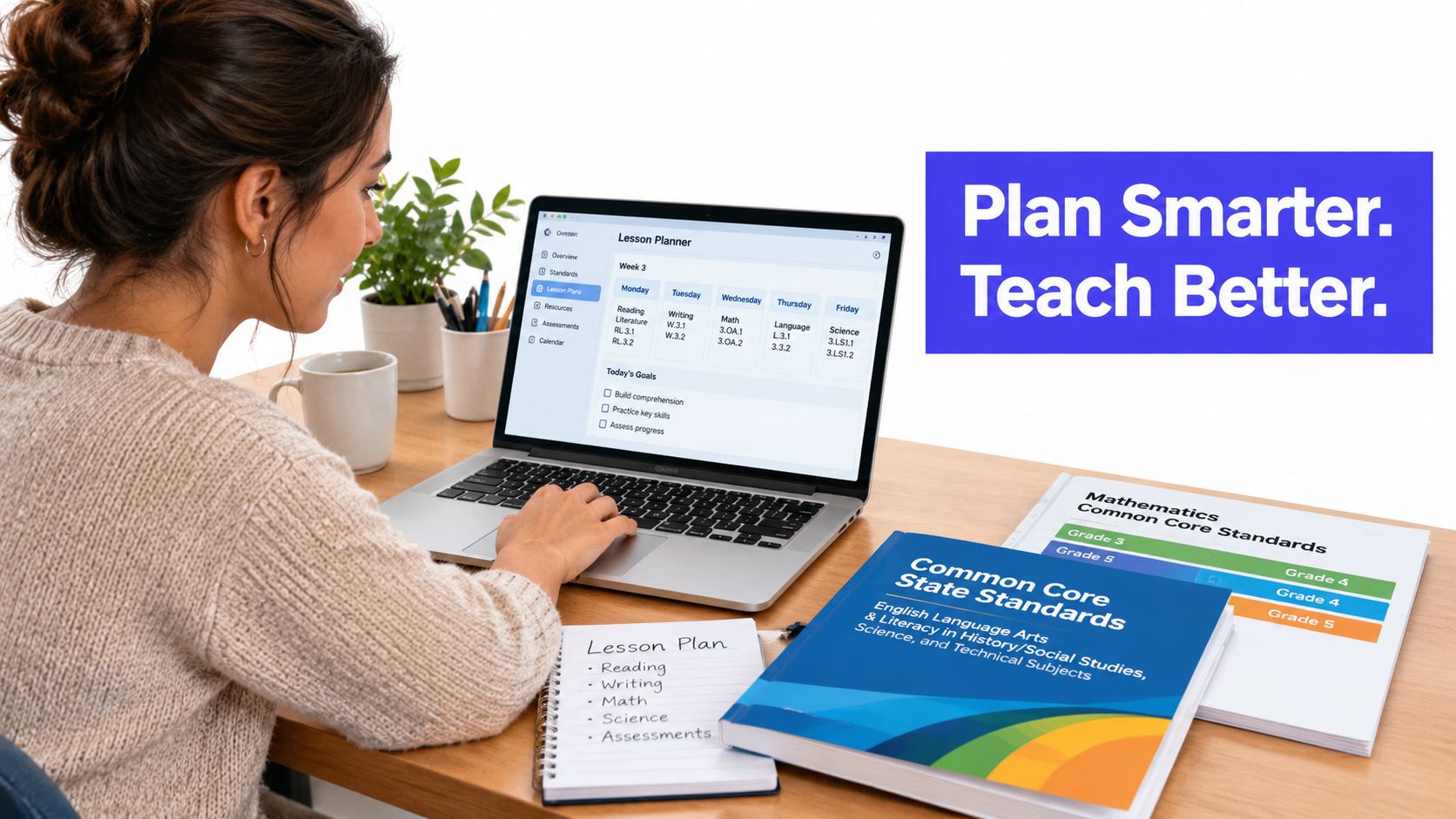 A teacher working on a laptop computer with educational lesson planning resources and Common Core standards binders.