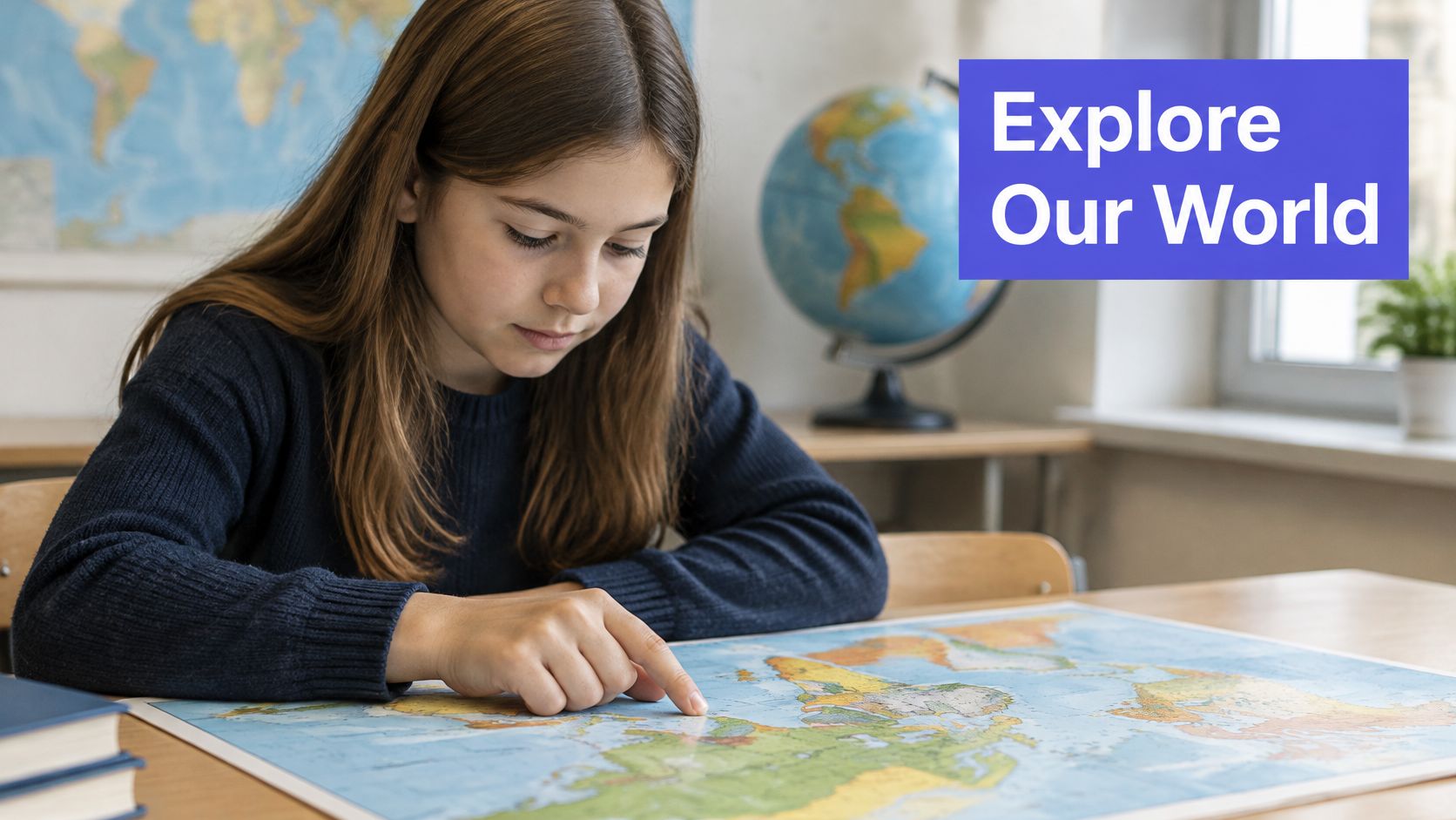 A young girl with long hair points at a location on a large paper world map.