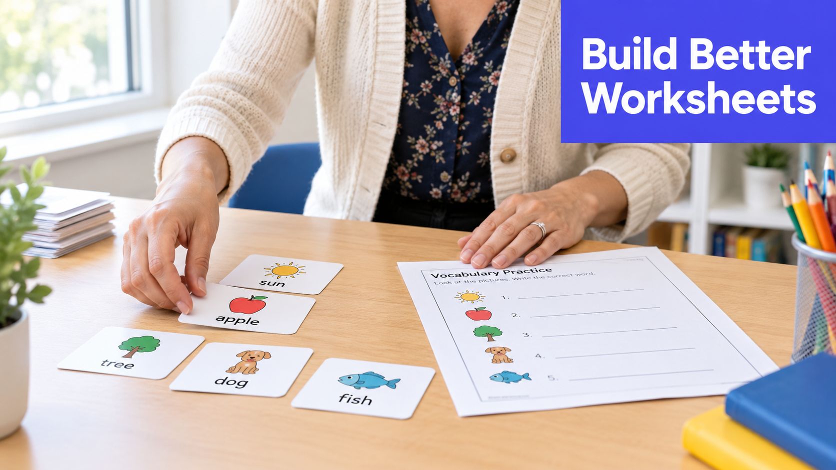 A teacher prepares educational vocabulary practice worksheets with flashcards for a classroom lesson on a desk.
