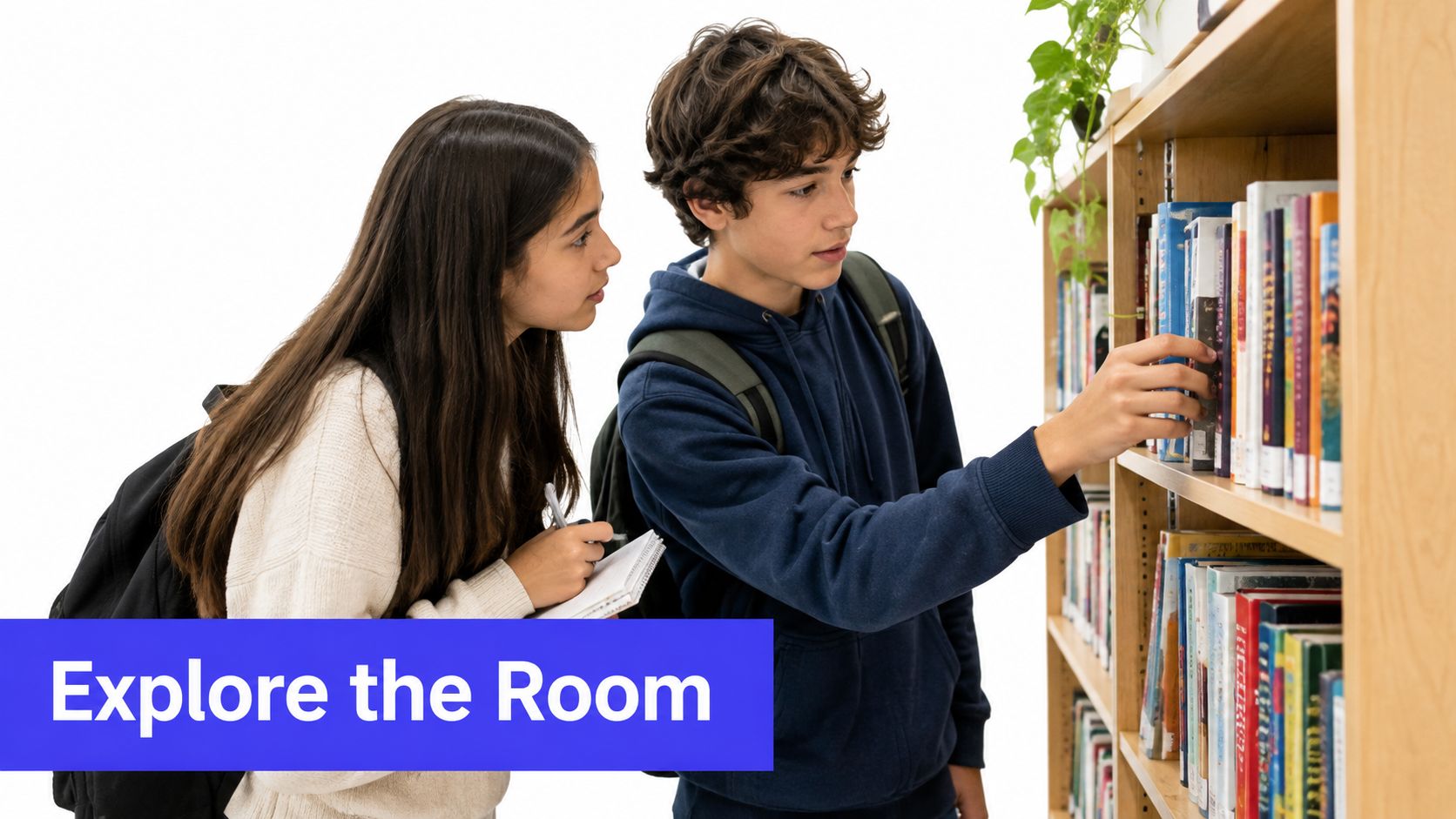 Two students looking at books on a bookshelf while one student holds a notebook and pen