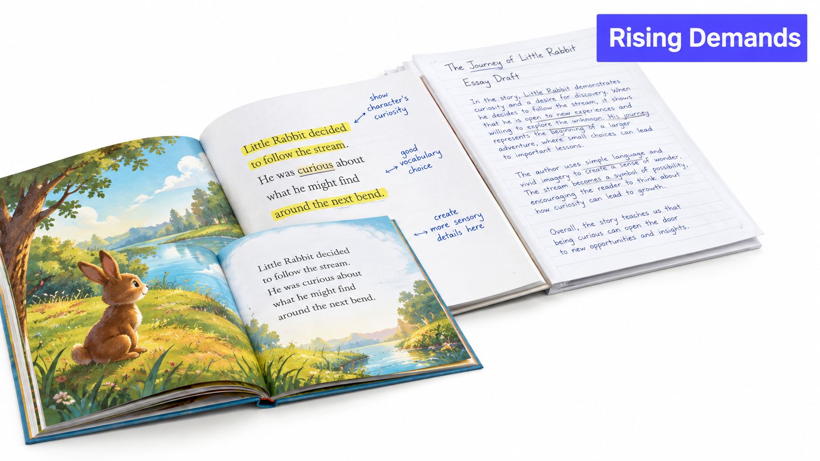 An open children's storybook about a little rabbit alongside an essay draft with educational notes and analysis.