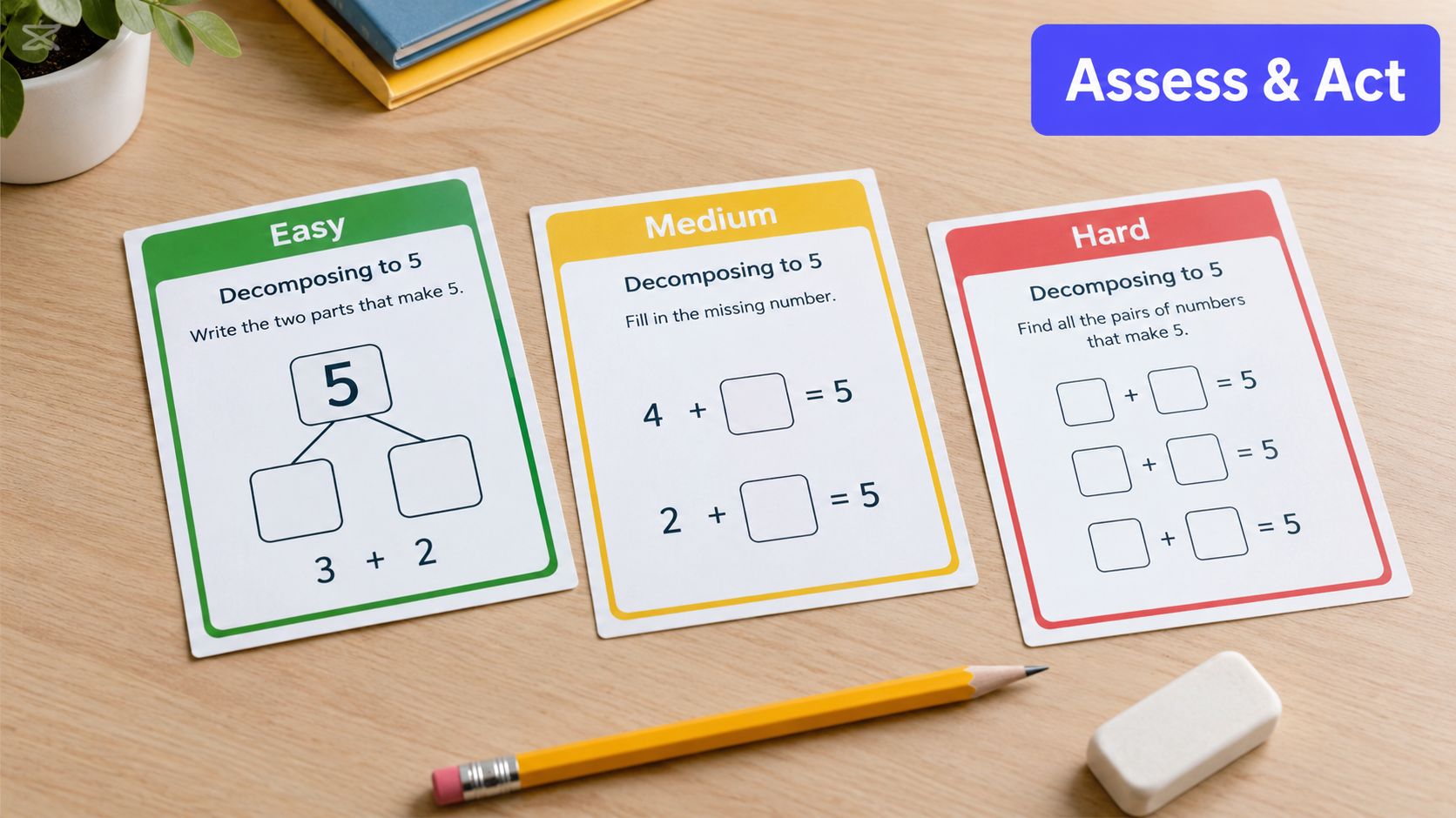 Three math worksheets on a wooden desk with a pencil and eraser, designed for kindergarten students.