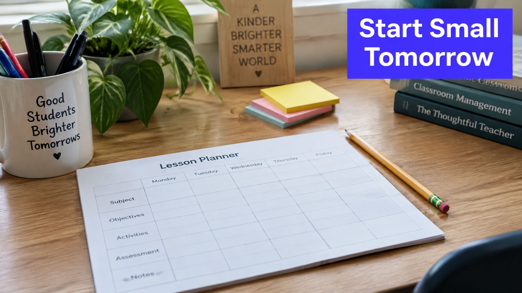 A teacher's workspace with a blank weekly lesson planner, pens, books, and a small potted plant.