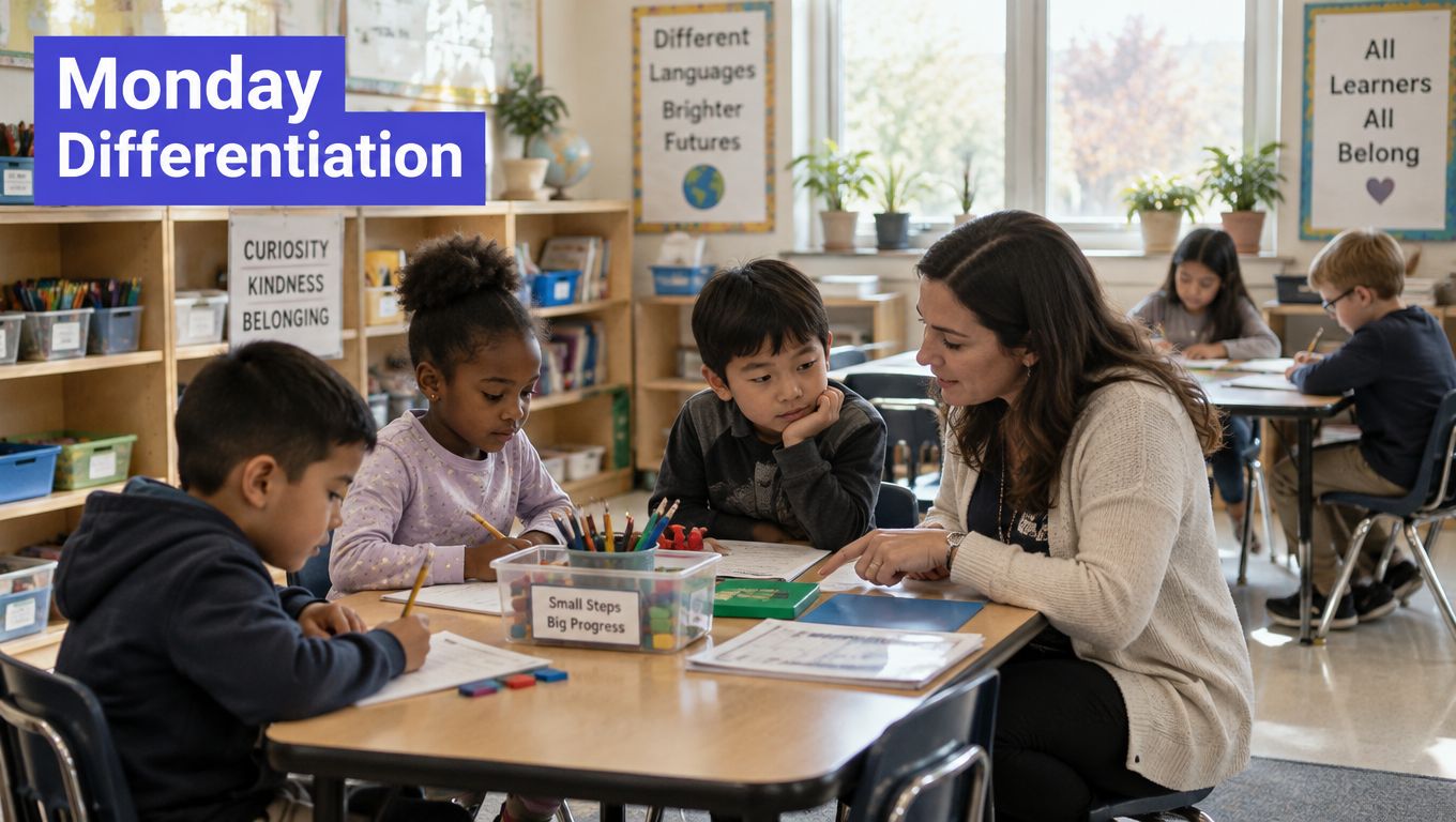 A teacher provides differentiated instruction to a small group of diverse elementary students in a classroom.