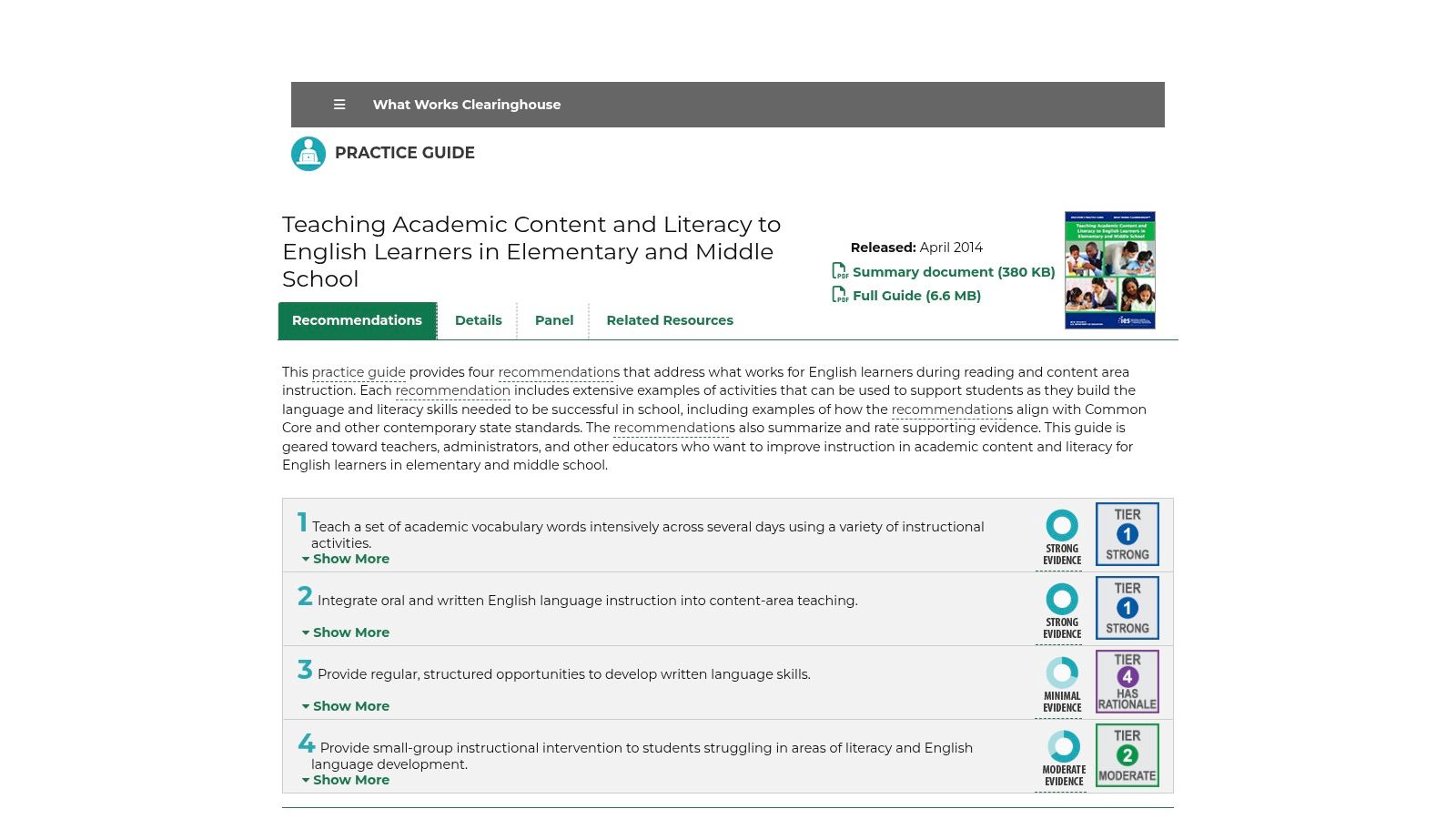 What Works Clearinghouse: English Learner Practice Guide