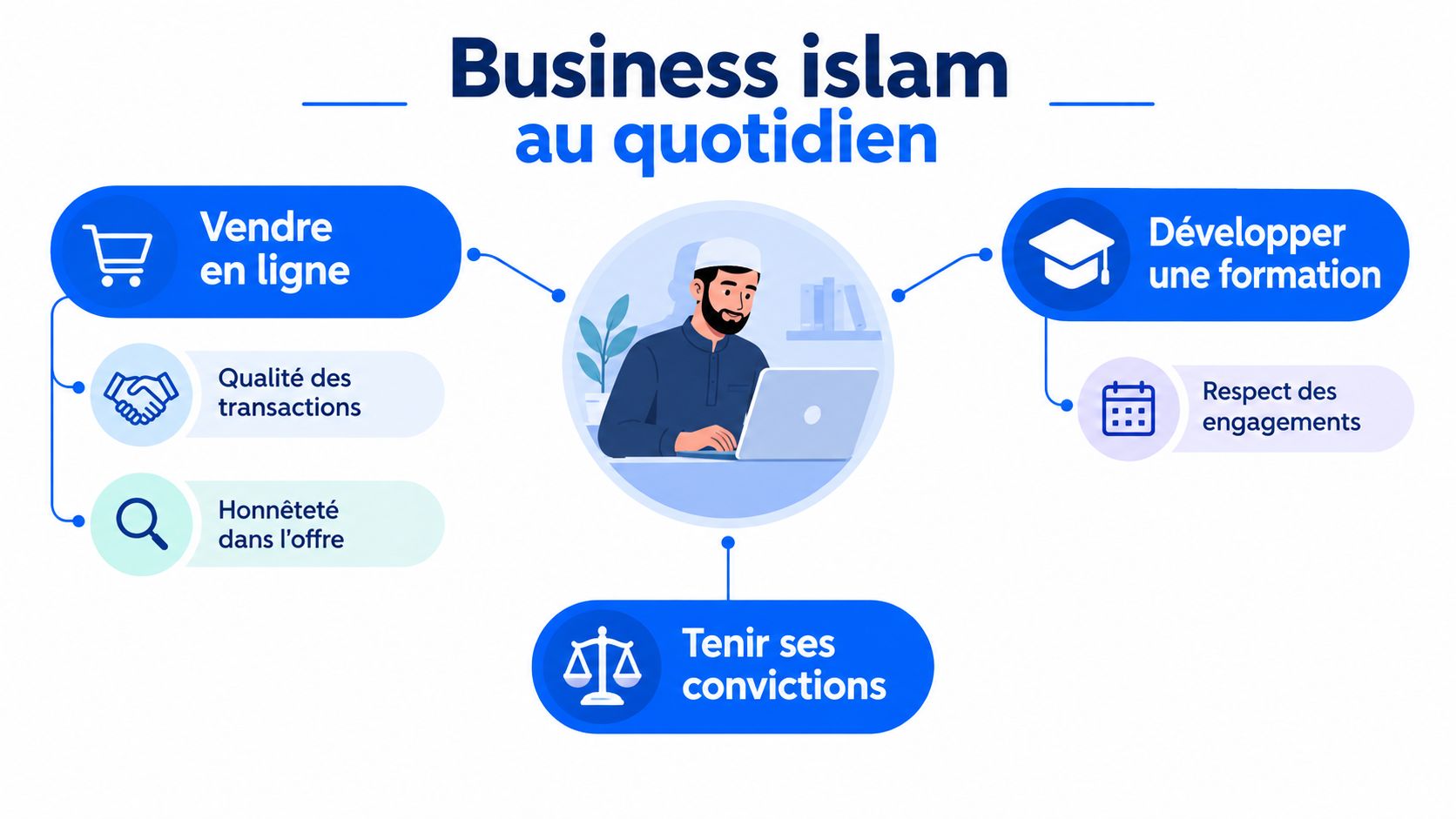 Illustration montrant les principes de l'éthique islamique appliqués aux activités commerciales quotidiennes dans un environnement numérique.