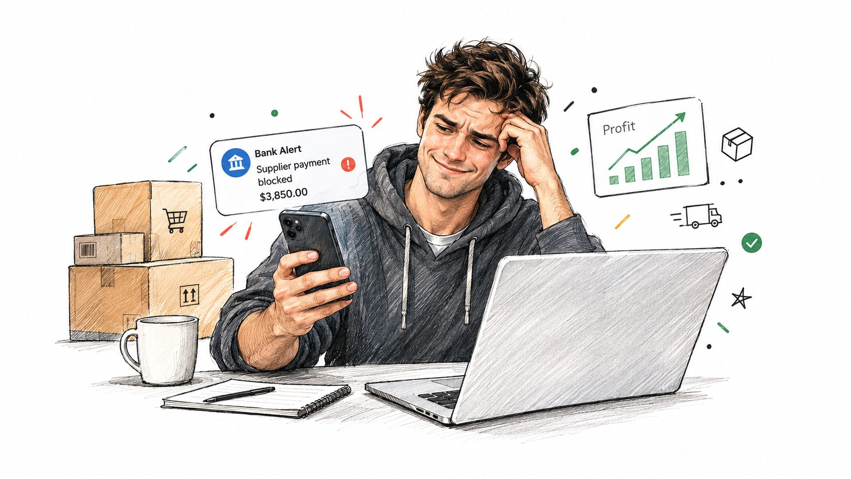 Un entrepreneur inquiet regarde une notification bancaire de paiement bloqué sur son téléphone portable à son bureau.