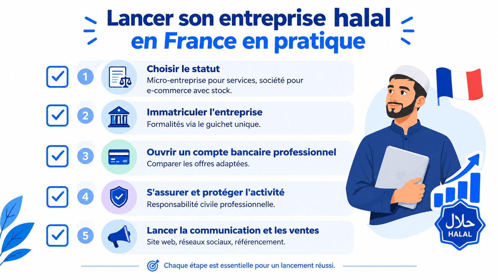 Infographie illustrant les cinq étapes pour lancer une entreprise halal en France, du statut à la vente.