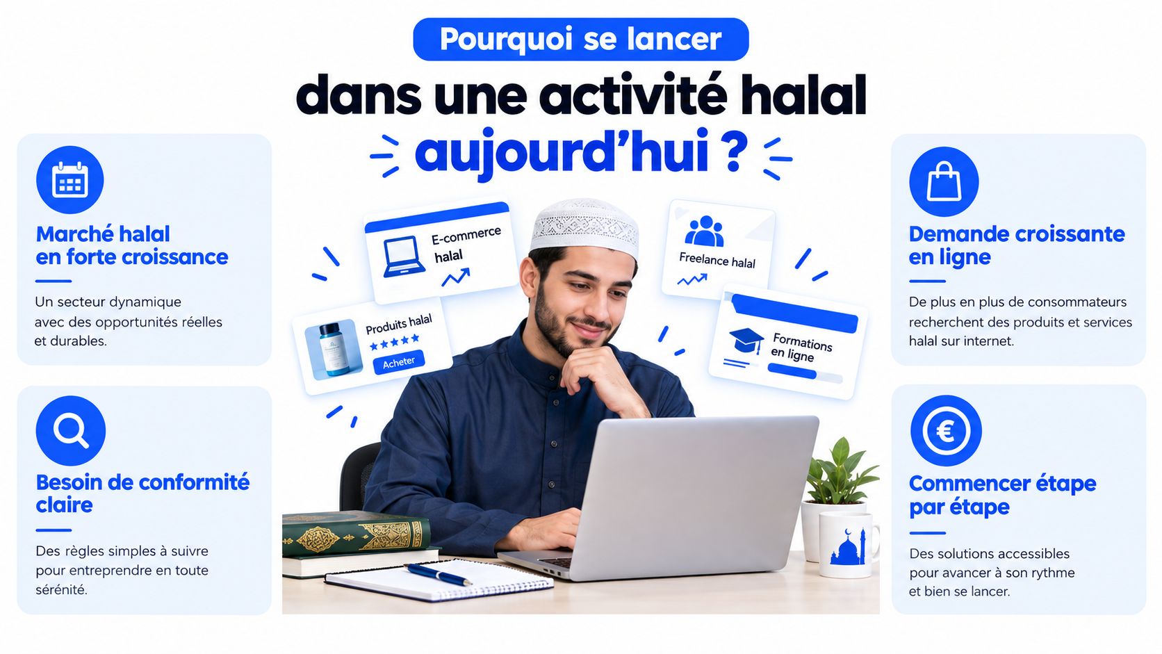 Un homme musulman souriant travaillant sur son ordinateur portable pour lancer son activité commerciale halal en ligne.