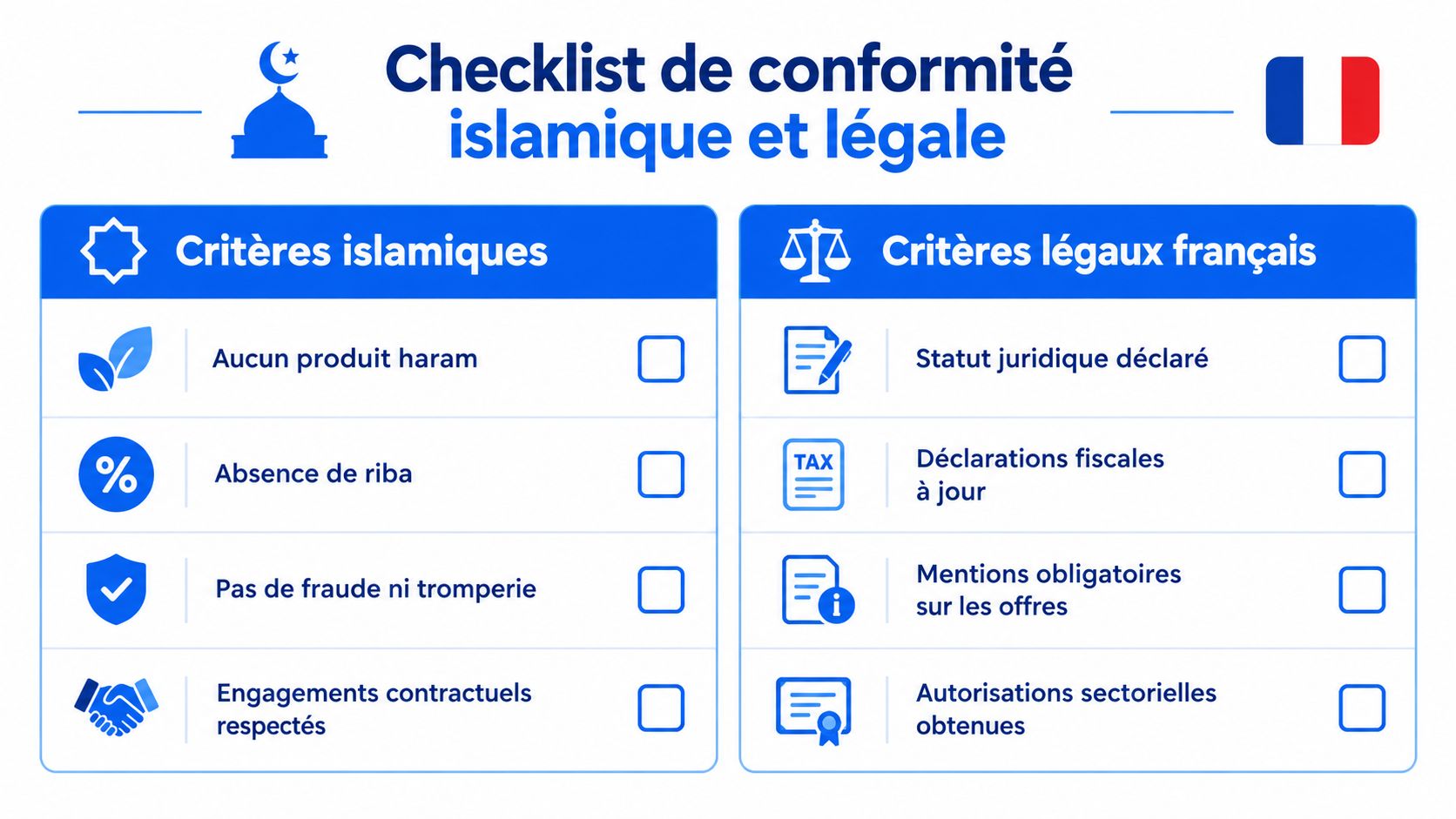 Checklist bilingue pour la conformité d'une activité aux principes islamiques et aux lois françaises.