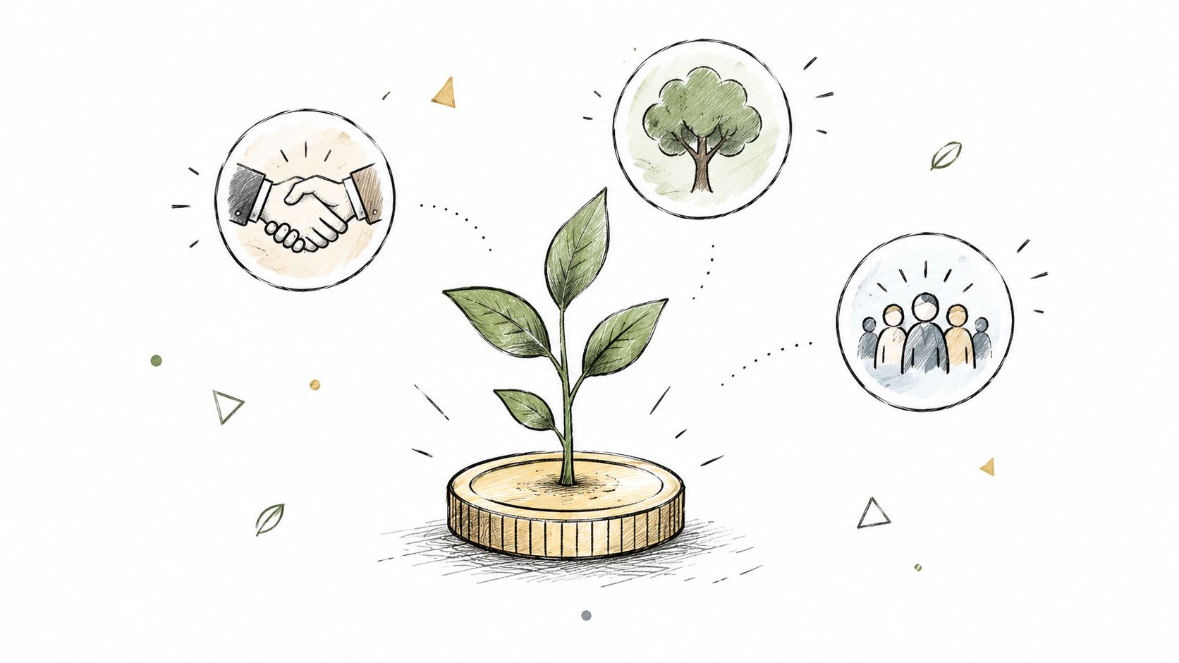 Une illustration d'une jeune plante poussant sur une pièce d'or, entourée d'icônes représentant partenariat, nature et communauté.