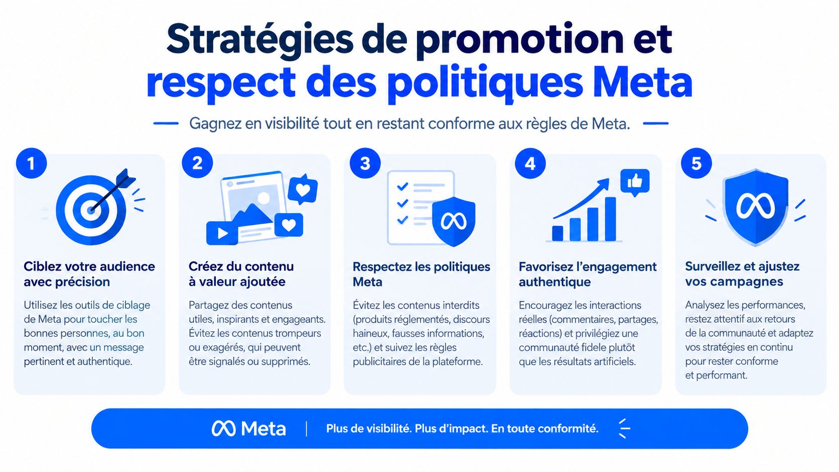 Infographie présentant cinq stratégies clés pour promouvoir du contenu tout en respectant les politiques de Meta.