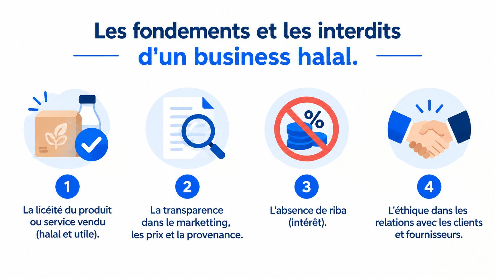 Une infographie illustrant quatre piliers essentiels pour gérer une entreprise conforme aux principes de l'éthique musulmane.