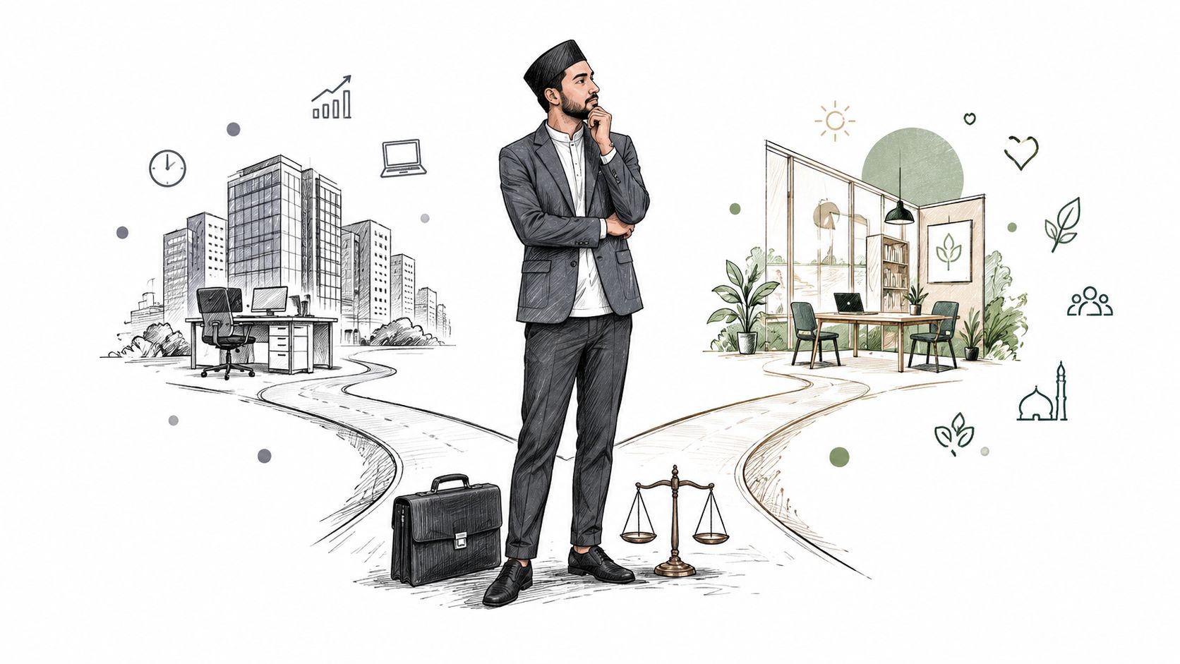 Un homme d'affaires musulman réfléchit au choix entre un environnement de bureau urbain et un espace de travail éthique.