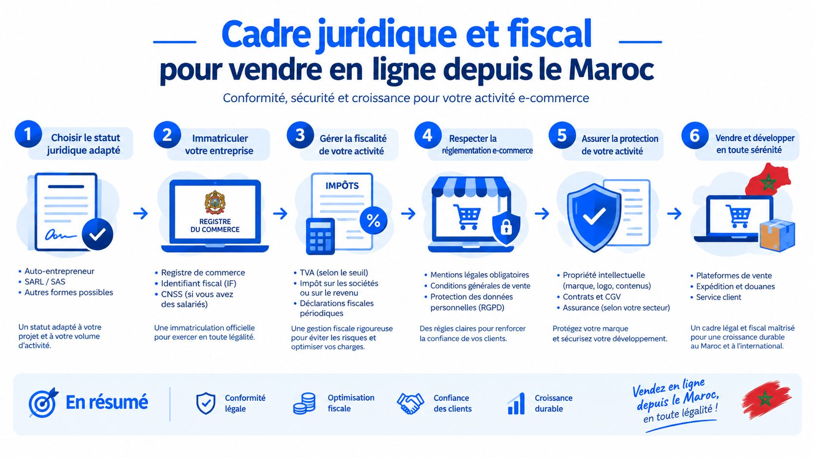 Infographie détaillant les six étapes juridiques et fiscales pour créer une activité de vente en ligne au Maroc.