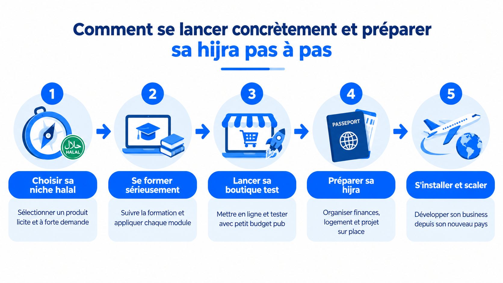 Une infographie montrant les cinq étapes pour lancer un commerce en ligne et préparer sa hijra.