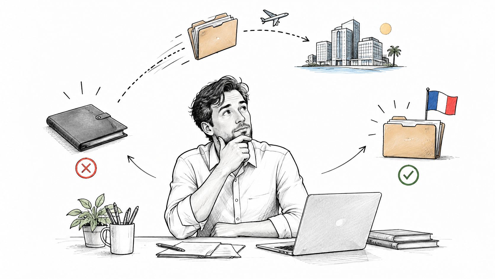 Un homme pensif travaillant à son bureau, envisageant une relocalisation professionnelle avec des documents et un avion.