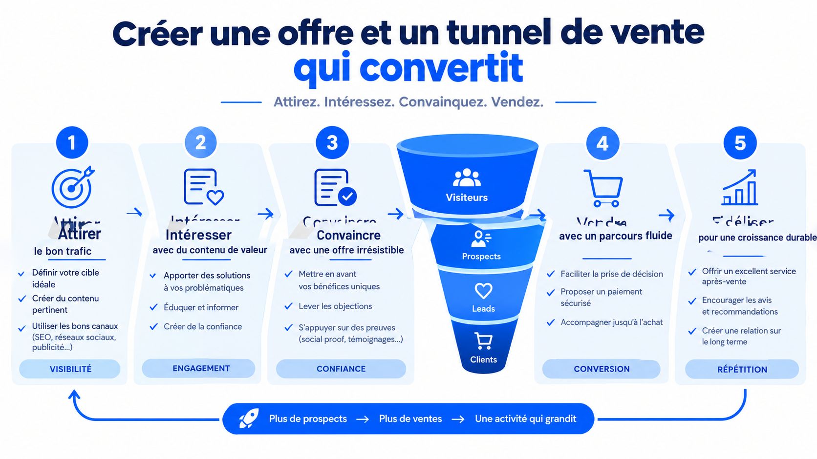 Infographie illustrant les cinq étapes essentielles pour créer une offre et un tunnel de vente performant en ligne.
