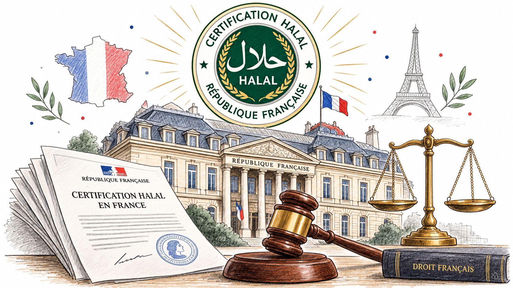 Illustration montrant une certification Halal en France avec des symboles juridiques, le drapeau français et l'Eiffel.