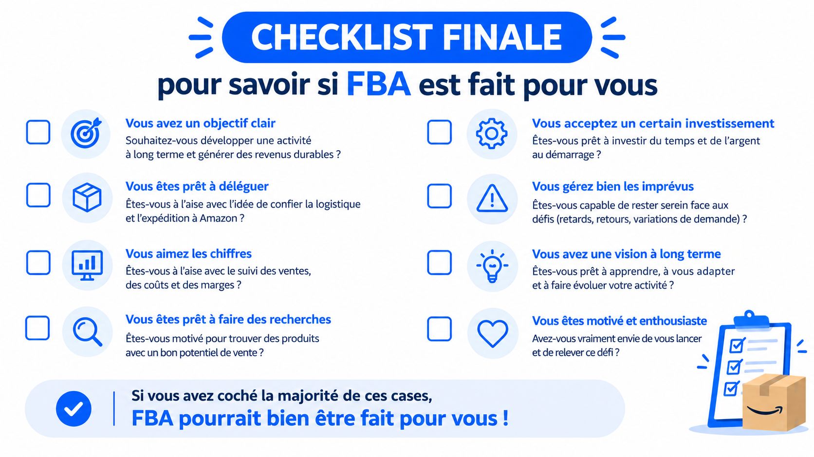 Une checklist pour savoir si le business model Amazon FBA est adapté à vos objectifs entrepreneuriaux.