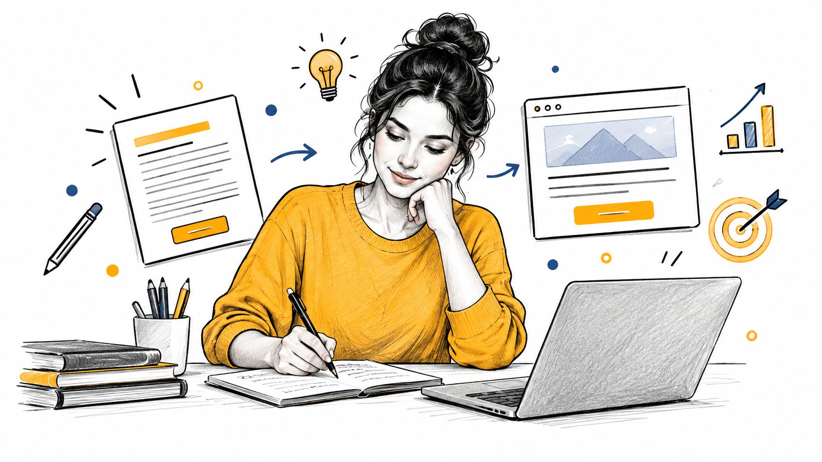 Une jeune femme travaillant à son bureau sur la création de contenu pour une page web professionnelle.