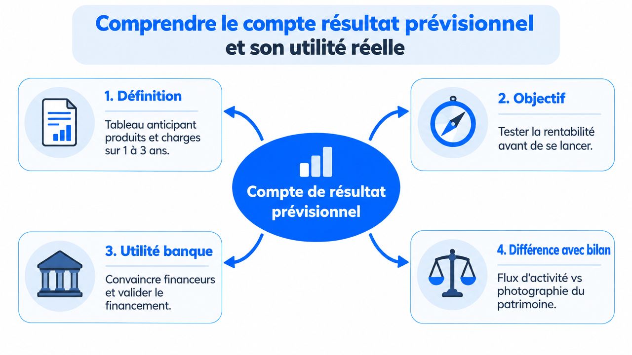 Schéma explicatif illustrant les concepts clés, les objectifs et l'utilité pratique d'un compte de résultat prévisionnel pour entreprise.