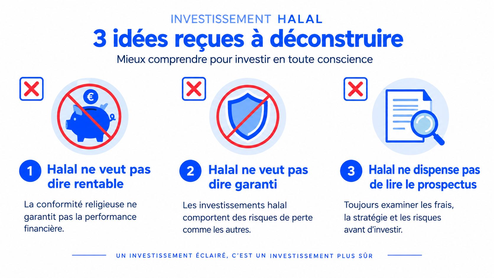 Infographie illustrant trois idées reçues sur l'investissement halal à déconstruire pour investir en toute conscience.