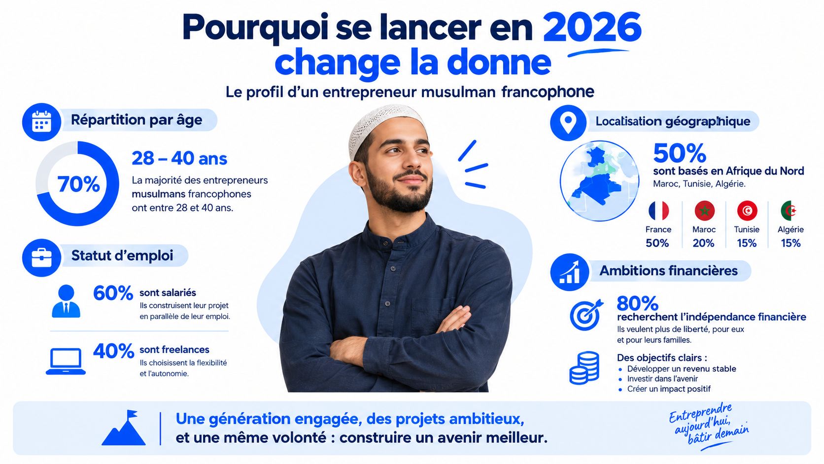 Infographie présentant le profil sociologique et les ambitions professionnelles des entrepreneurs musulmans francophones en 2026.