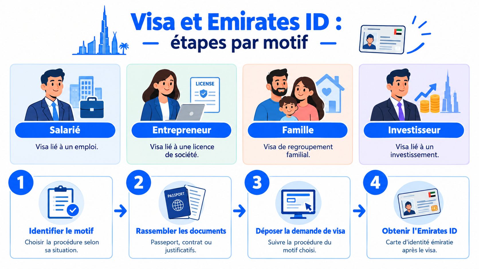 Infographie expliquant les étapes pour obtenir un visa et une Emirates ID à Dubaï selon divers motifs.