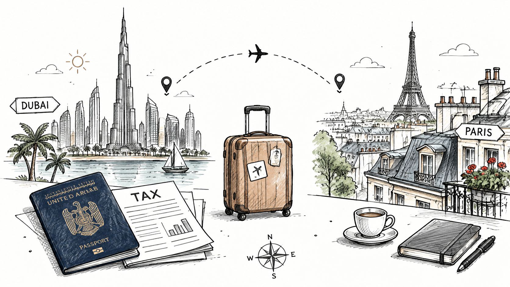 Une illustration artistique montrant un passeport émirati, une valise, et des monuments emblématiques de Dubaï et Paris.