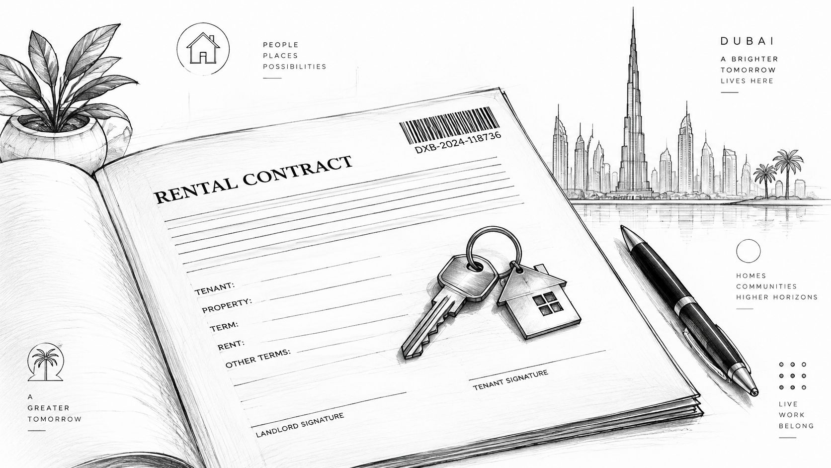 Un contrat de location immobilier illustré avec des clés et le panorama urbain de Dubaï en arrière-plan.