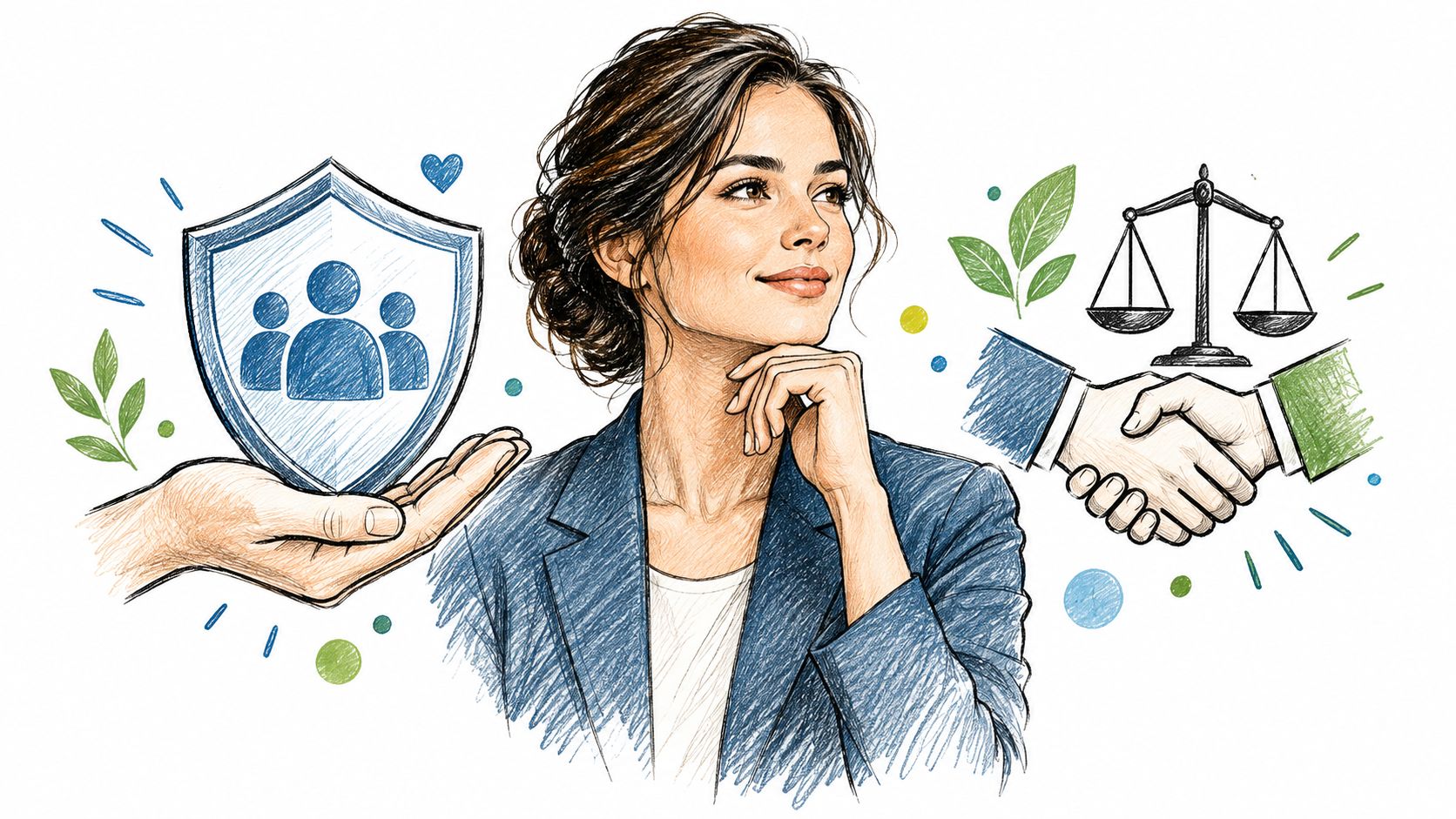 Une femme d'affaires réfléchie entourée d'illustrations symbolisant la protection, la justice et la collaboration professionnelle.