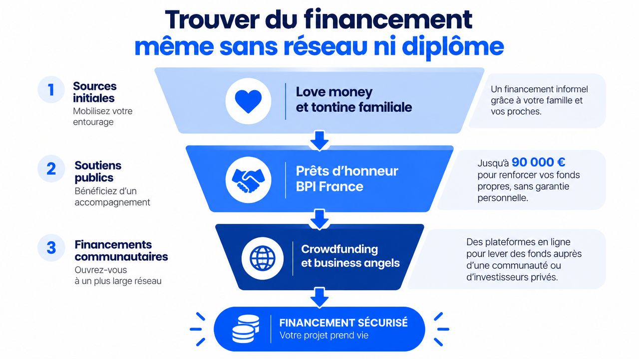 Un schéma en entonnoir illustrant trois étapes pour obtenir un financement d'entreprise sans réseau ni diplôme.