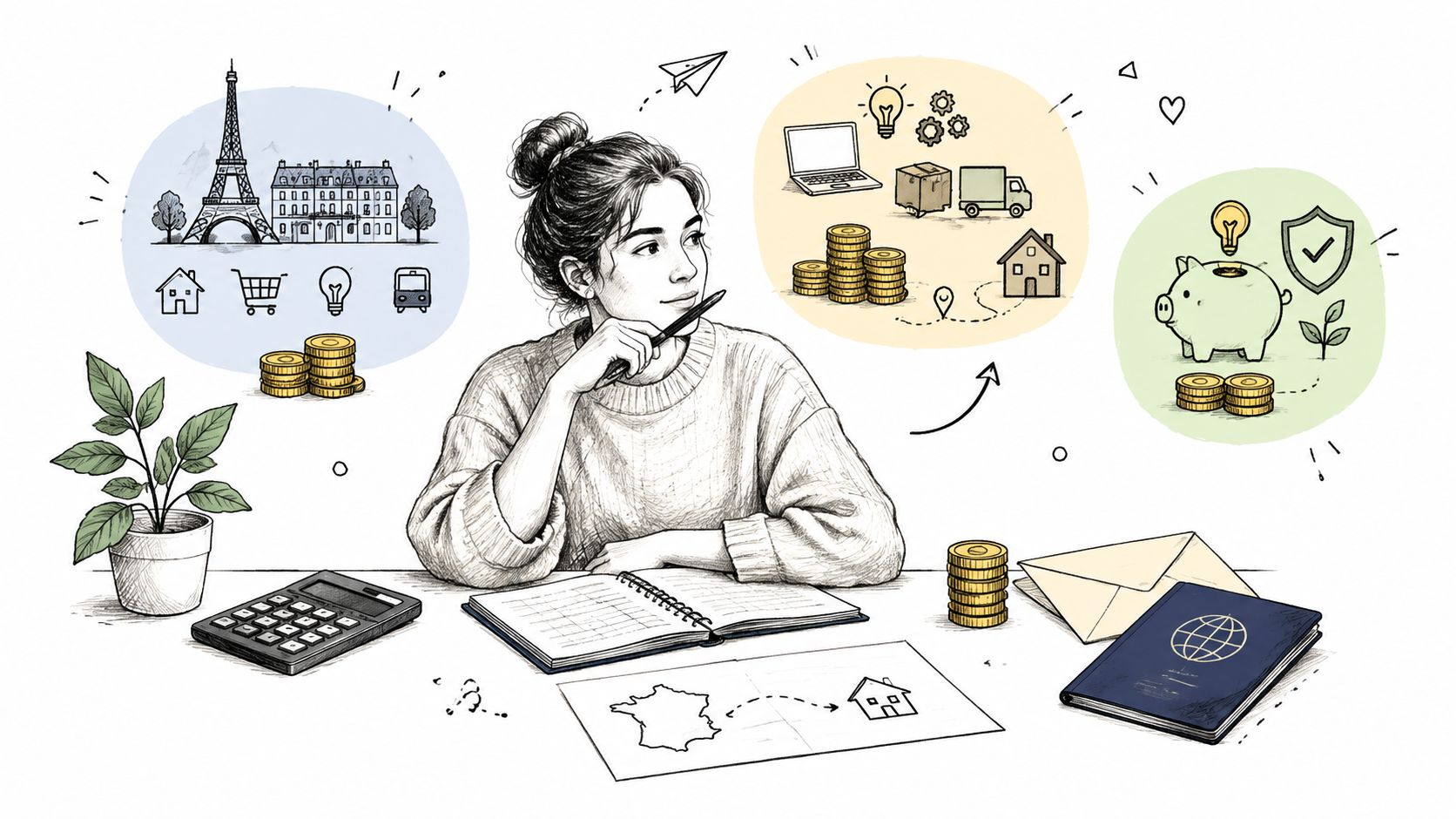 Une jeune femme réfléchit à ses projets financiers, incluant un déménagement, des économies et ses futurs voyages.