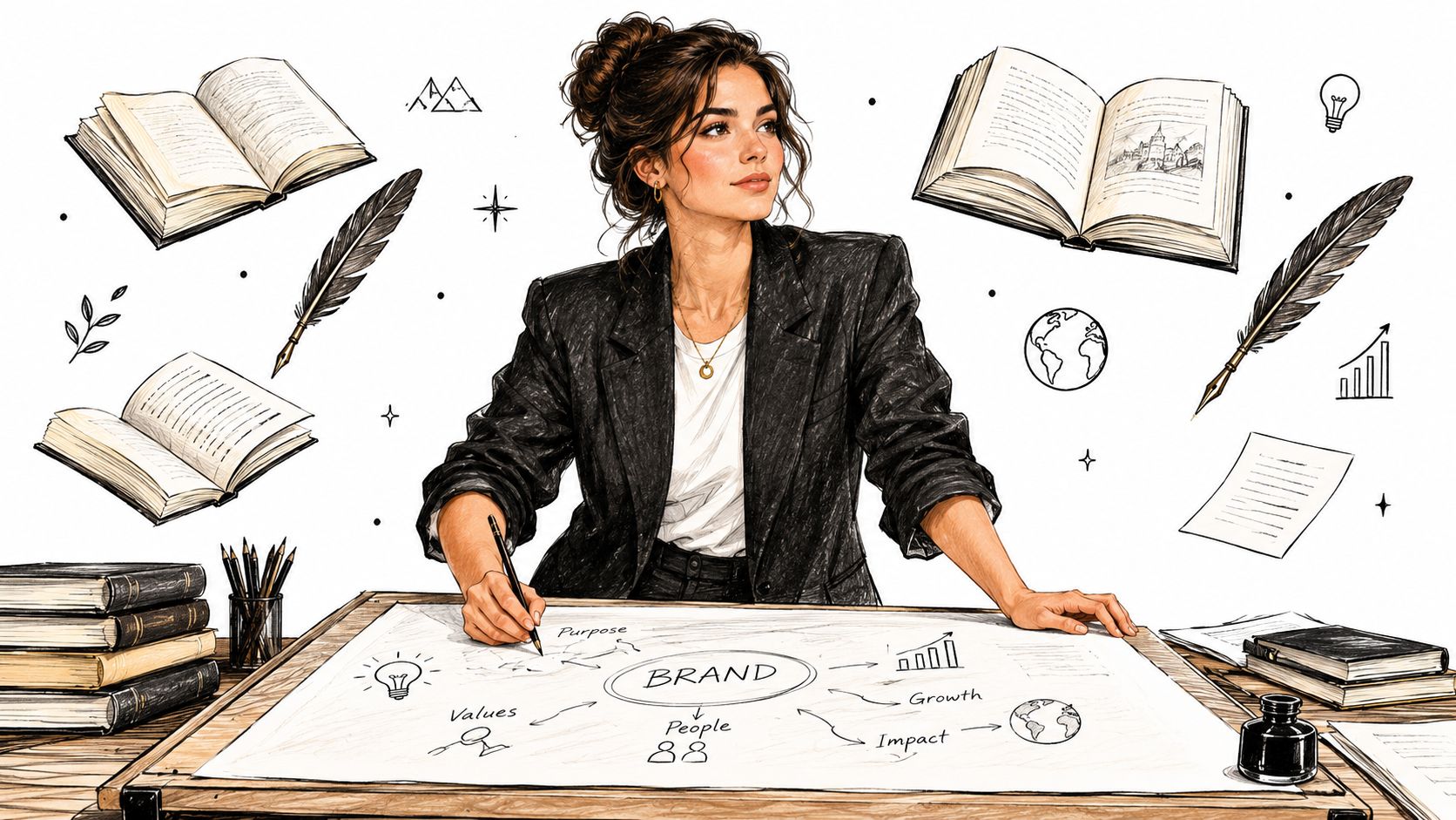 Une entrepreneuse créative assise à son bureau, dessinant un schéma stratégique sur le développement de sa marque.