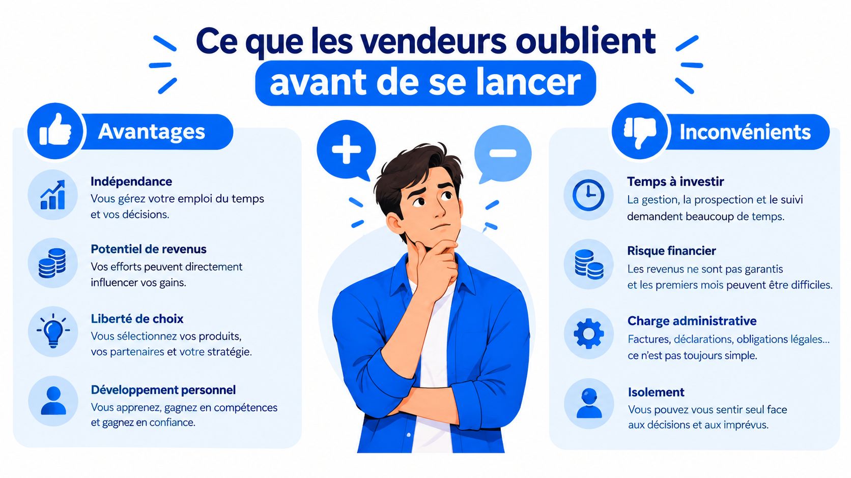 Infographie présentant les avantages et les inconvénients à considérer avant de se lancer en tant que vendeur indépendant.