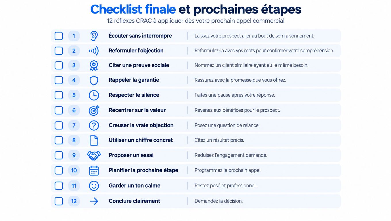 Une liste de contrôle de douze étapes pour gérer efficacement les objections lors d'un appel commercial.