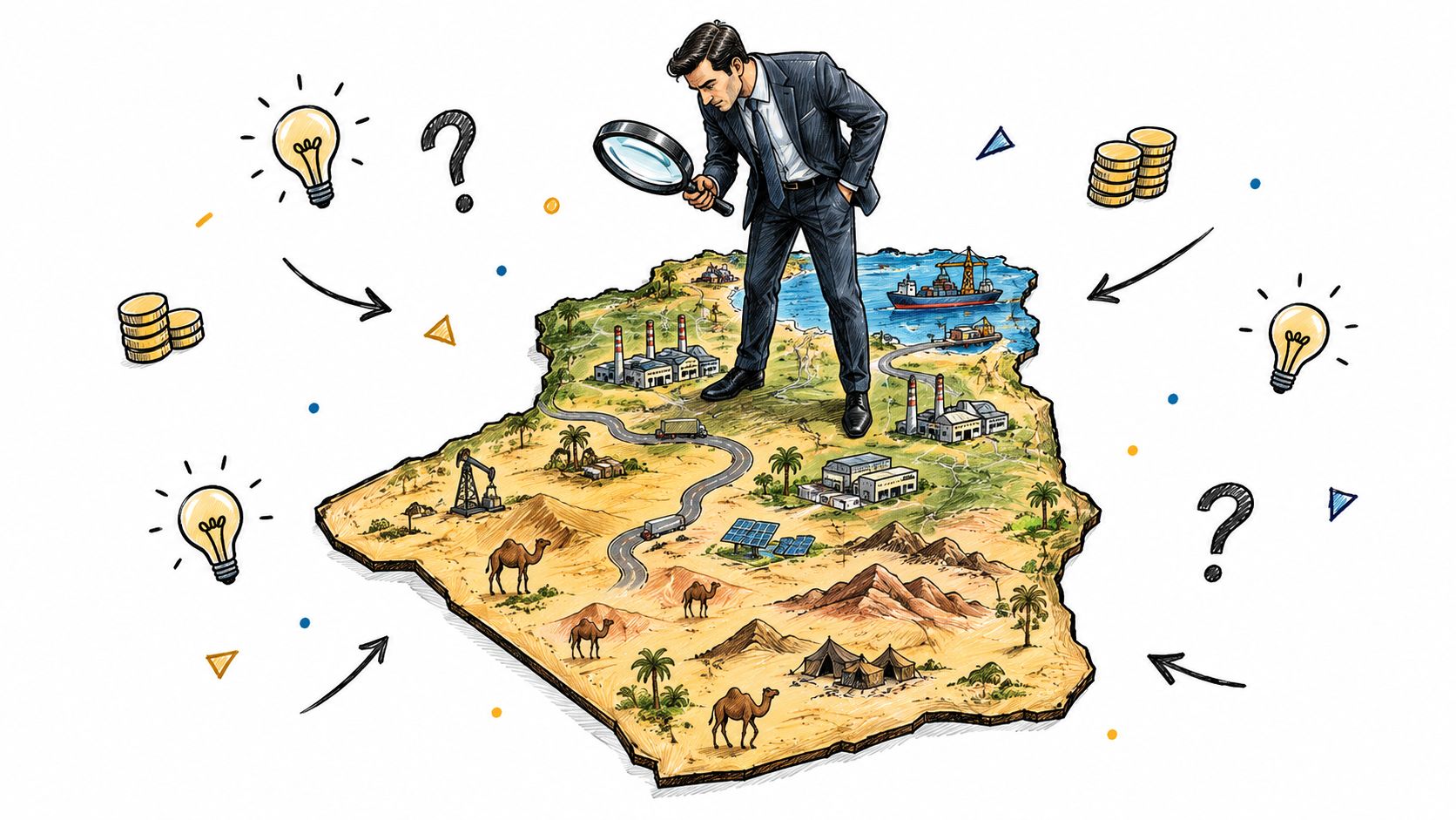 Un homme d'affaires géant examine une carte illustrée de l'Algérie montrant ses infrastructures industrielles, énergétiques et logistiques.