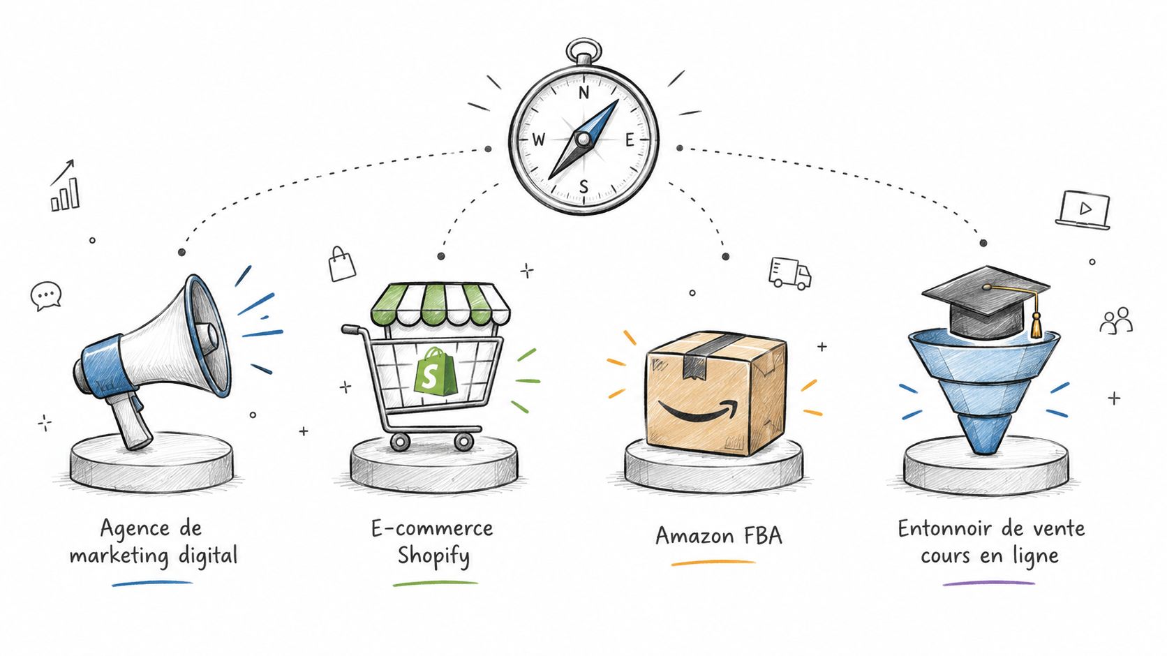 Illustration montrant quatre piliers d'entreprise en ligne : agence marketing, boutique Shopify, Amazon FBA et cours en ligne.