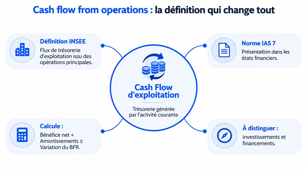 Schéma explicatif des définitions, calculs et distinctions autour du concept de cash-flow d'exploitation en finance d'entreprise.